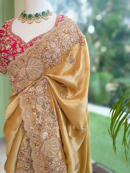 Celestial Golden Satin Silk Saree With Red Embroidered Dupatta