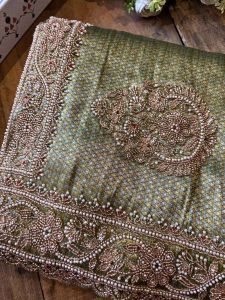 Trishva Green Brocade Saree with Cut Dana and Bead Work