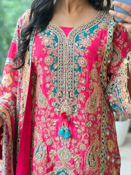 Firoza Kashmiri Magenta Dhoti Suit Set Set
