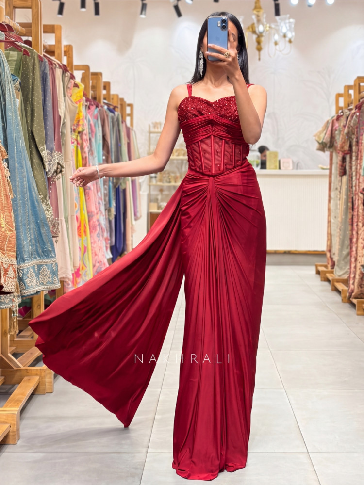 Image of Maison Royal Red Crop Top Skirt Set with Cut Dana Work