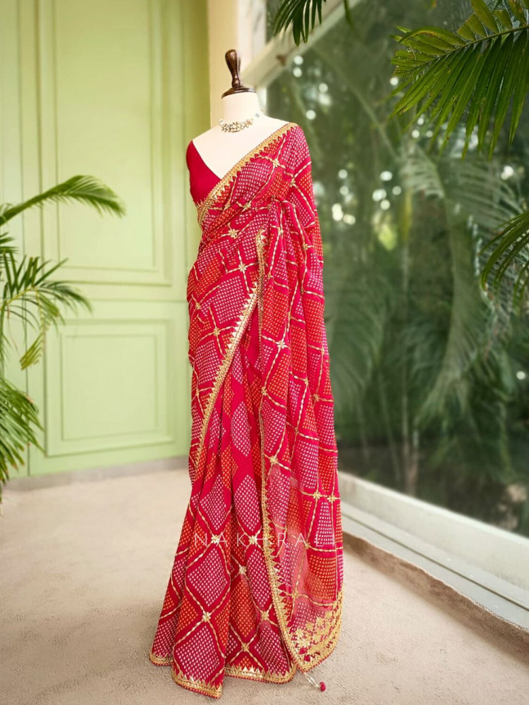 Red Rang Rang Leher Red Bandhani Saree with Embroidered Border