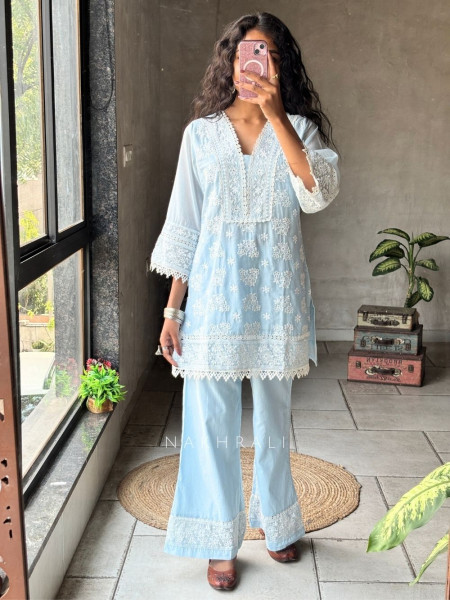 Mirelle Blue Co-ord Set with Lace Embroidery