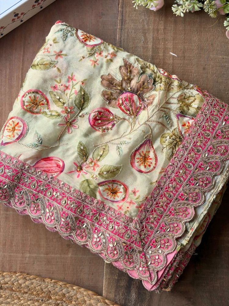 Image of Nirvitha Pista Green Saree with Printed Embroidery and Sequin Work