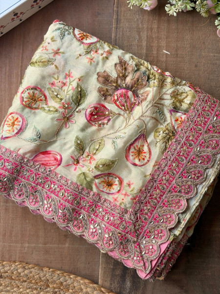 Nirvitha Pista Green Saree with Printed Embroidery and Sequin Work