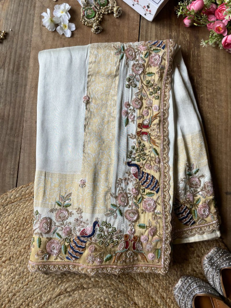 Meadowlark Cream Saree with Readymade Blouse and Beads Thread Embroidery