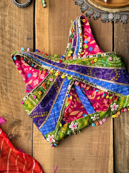 Morni Multicolor Bandhani Blouse with Cowrie Shell Embellishments