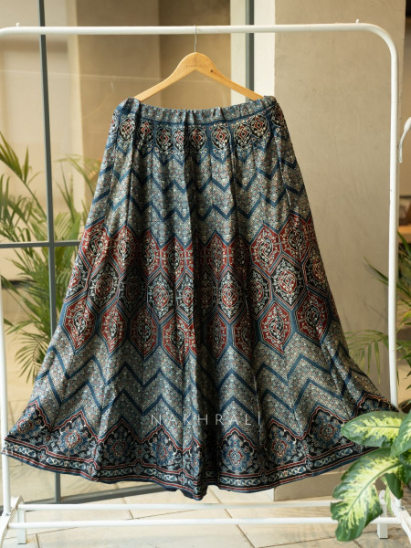 Jhoom Blue Modal Silk Ajrakh Skirt – Geometric Harmony