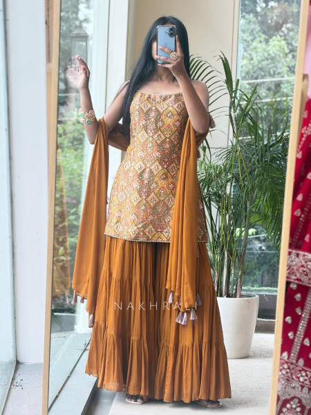 Heera Bottle Mustard Banarasi Brocade & Crushed Georgette Palazzo Suit Set
