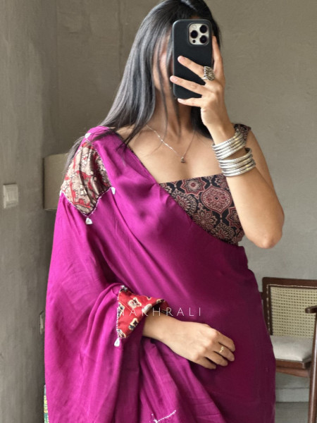 Kasha Wine Patchwork Zari Weave Saree with Running Blouse Piece