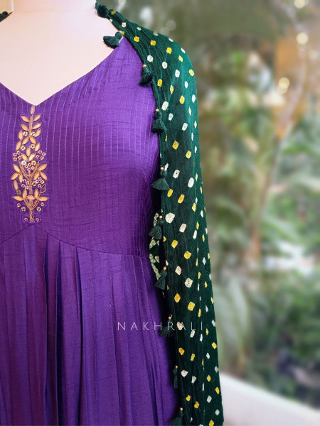 Iraaya Purple Silk Anarkali Set with Bandhani Dupatta and Zari Sequin Work