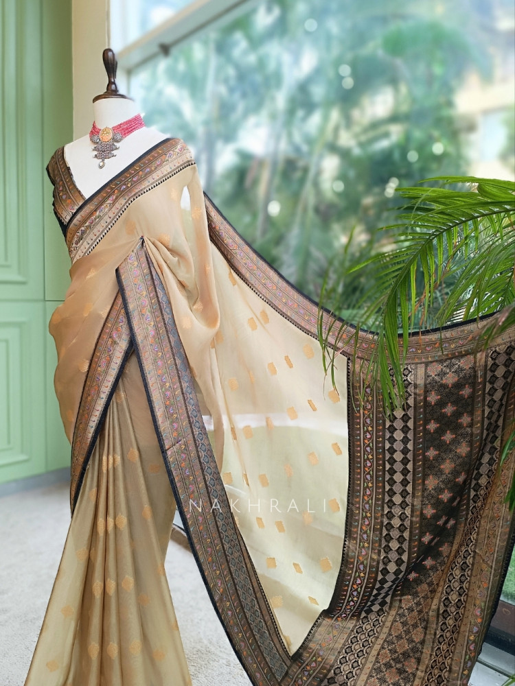 Image of Asmi Pista Green Silk-Georgette &amp; Banarasi Silk Saree