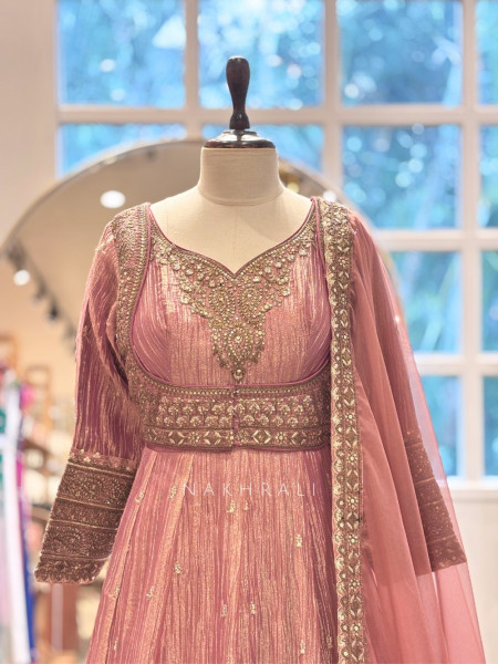 Mrigya Onion Pink Anarkali Suit Set With Hand Embellished Zari & Sequin Work