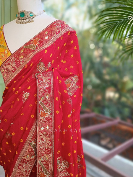 Rajwadi Red Bandhani Saree with Mirror Embroidery