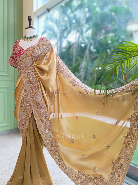 Celestial Golden Satin Silk Saree With Red Embroidered Dupatta