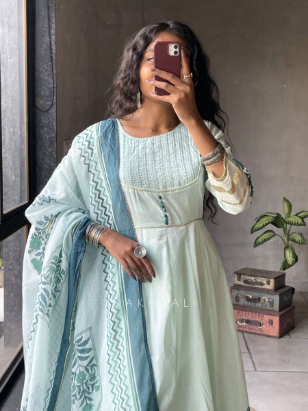 Mishka Green Cotton Anarkali Suit Set with Print Work