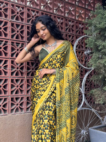 RangRekha Yellow Modal Saree with Printed Design
