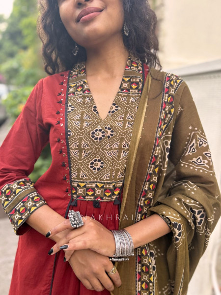 Vanika Maroon Suit Set with Printed Yoke and Dupatta