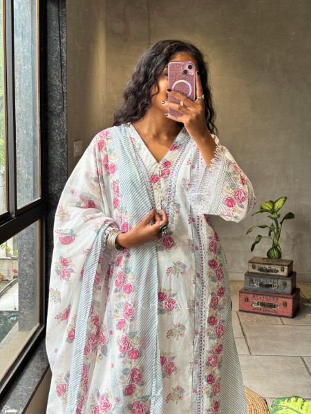 Ruhika White Suit Set with Floral Print and Lace Detailing