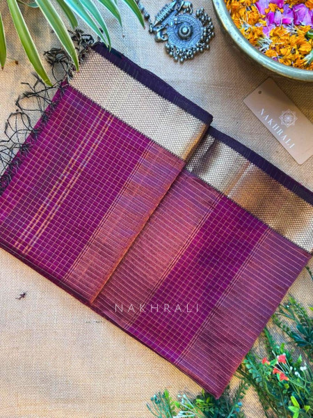Vasundhara Wine Maheshwari Zari Check Saree with Running Blouse Piece