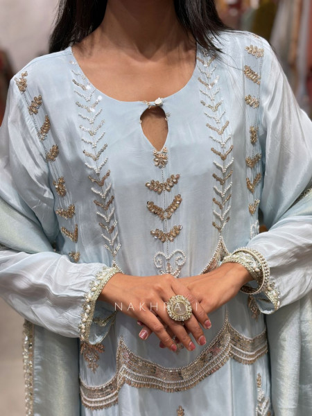 Zivora Sky Blue Palazzo Suit Set with Bead Sequin Cut Dana Work