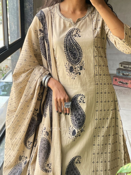 Rangini Black Cotton Suit Set with Paisley Print