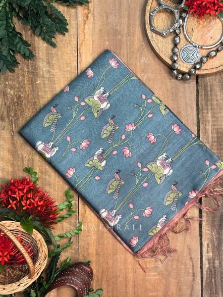 Chitrawali Blue Tussar Silk Saree with Pichwai Art