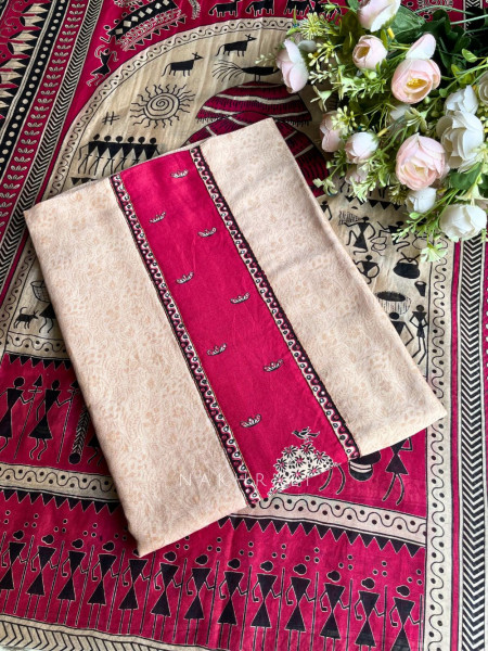 Cavira Beige Dress Material with Tribal Art Print