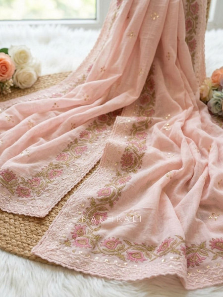 Maristelle Pink Floral Printed Dress Material with Embroidered Yoke