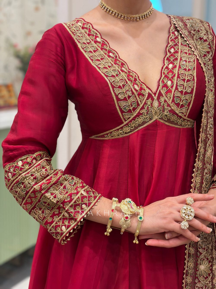 Image of Mehrin Maroon Anarkali Suit Set with Detailed Embroidery