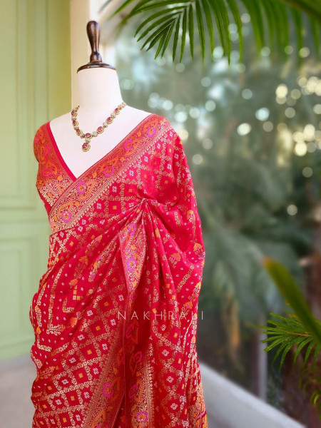 Solvara Red Bandhani Saree with Traditional Border