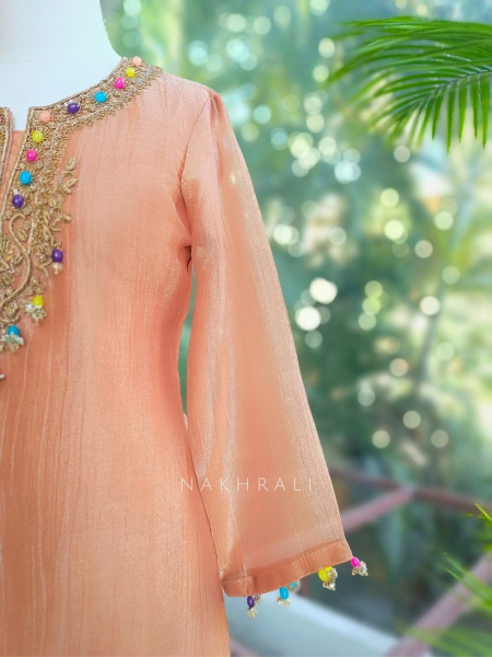 Meherza Peach Embroidered Kurta Sharara Set with Dupatta