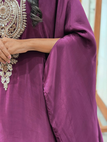 Suranjana Purple Kaftan Set with Sequin and Cut Dana Neck Yoke Work