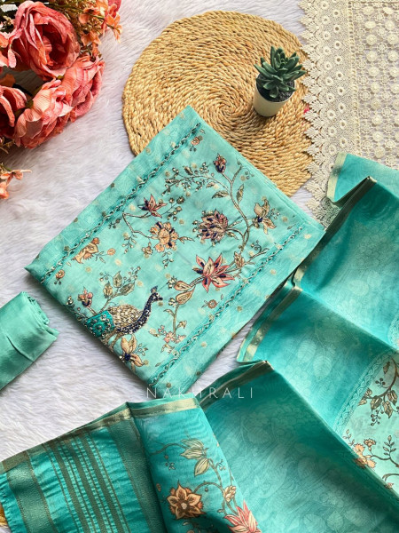 Vihara Fiozi Floral Printed Dress Material with Zari Thread Work