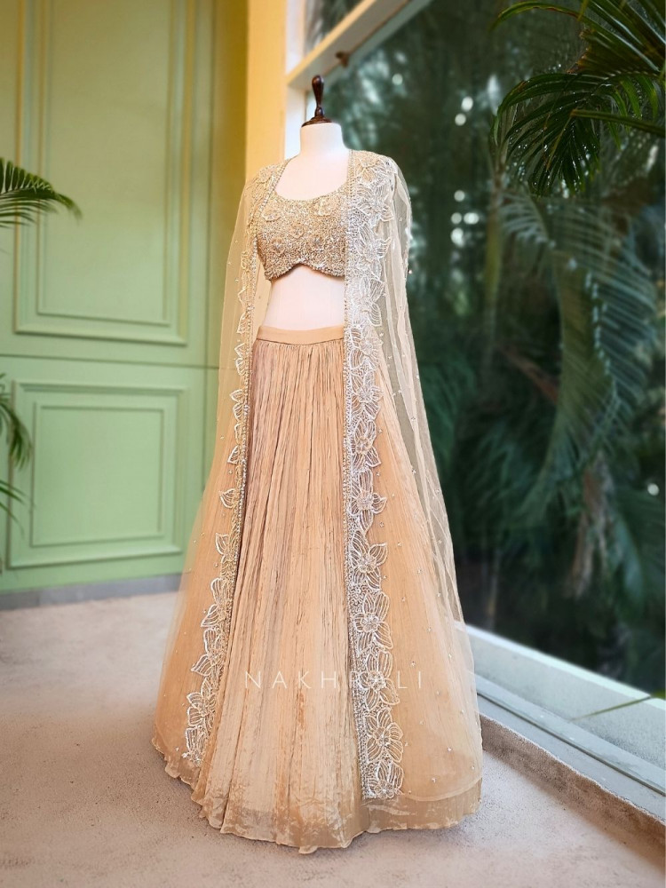 Image of Ziana Champagne Indo-Western Lehenga Set with Sequin &amp; Cut Dana Work