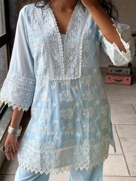 Mirelle Blue Co-ord Set with Lace Embroidery