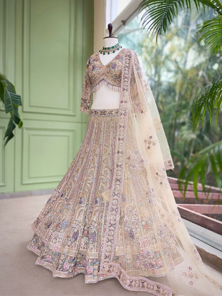Image of Kairavi Beige Net Lehenga Set with Sequin Embroidery