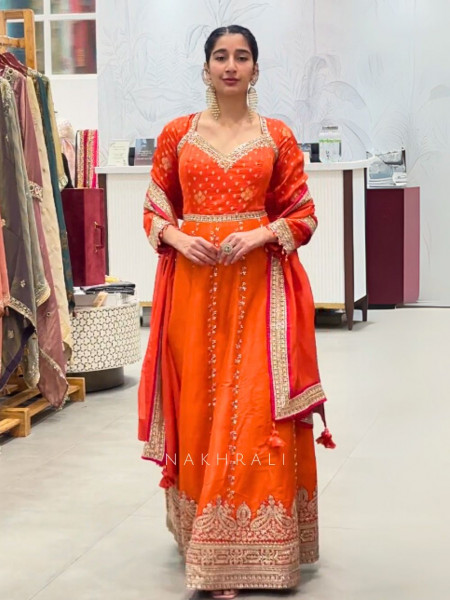 Aarunya Orange Anarkali Set with Mirror & Gota Embroidery