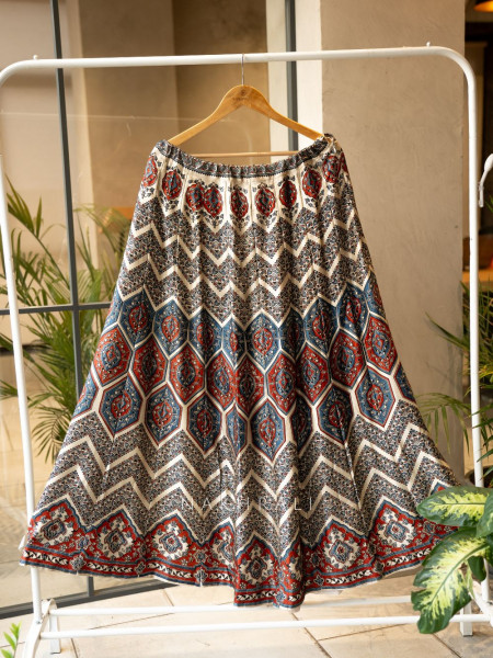 Jhoom White Modal Silk Ajrakh Skirt – Geometric Harmony