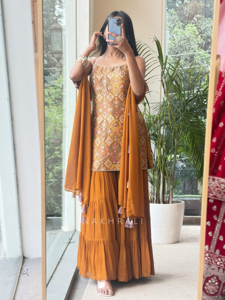 Heera Bottle Mustard Banarasi Brocade & Crushed Georgette Palazzo Suit Set