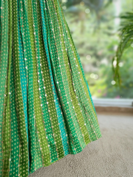 Ruhika Dual-Tone Green Bandhani Lehenga with Mirror & Sequin Work
