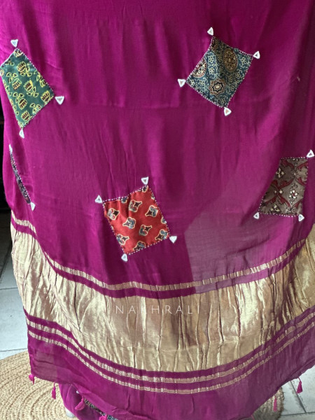 Kasha Wine Patchwork Zari Weave Saree with Running Blouse Piece