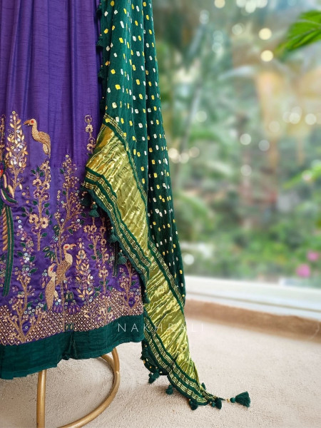 Iraaya Purple Silk Anarkali Set with Bandhani Dupatta and Zari Sequin Work