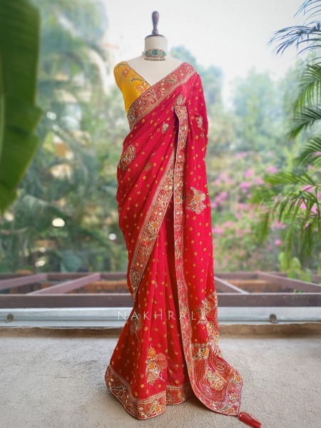 Rajwadi Red Bandhani Saree with Mirror Embroidery
