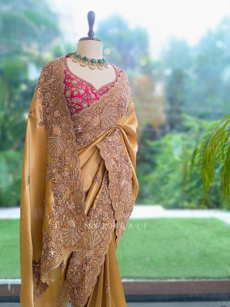 Celestial Golden Satin Silk Saree With Red Embroidered Dupatta
