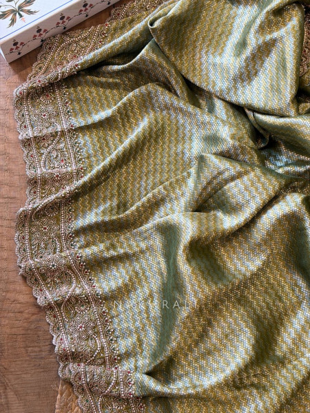 Trishva Green Brocade Saree with Cut Dana and Bead Work