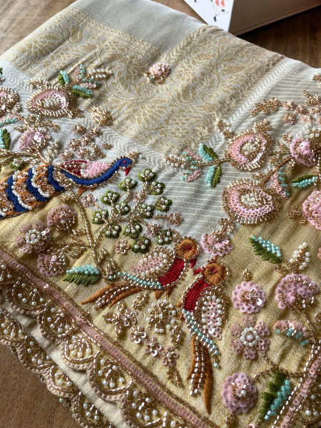 Meadowlark Cream Saree with Readymade Blouse and Beads Thread Embroidery