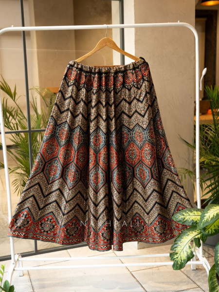 Jhoom Black Modal Silk Ajrakh Skirt – Geometric Harmony