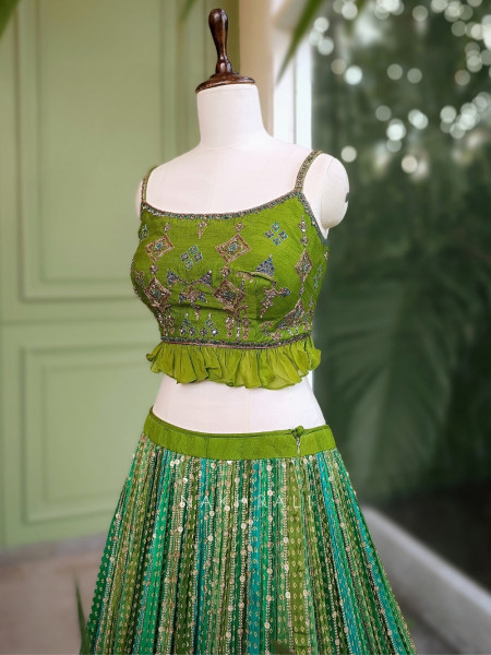 Ruhika Dual-Tone Green Bandhani Lehenga with Mirror & Sequin Work
