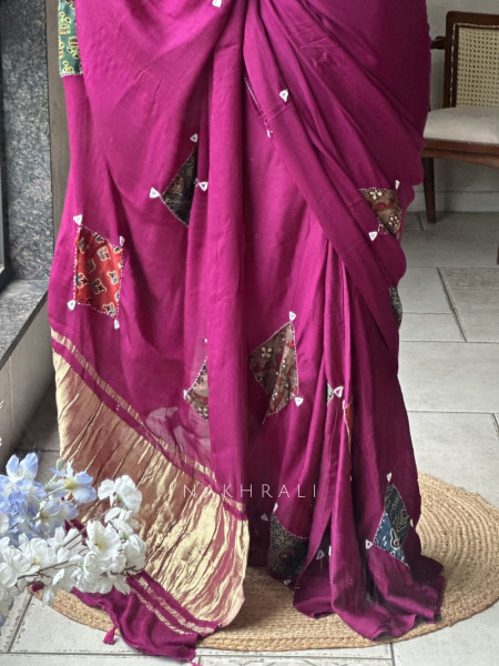 Kasha Wine Patchwork Zari Weave Saree with Running Blouse Piece