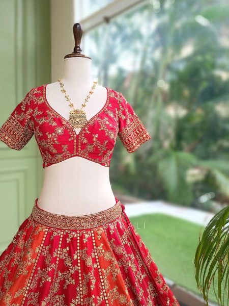 Meera Jodha Red Silk Georgette Bridal Lehenga With Zari & Sequin Floral Jaal Work